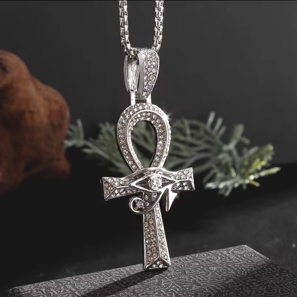 Silver tone 3A CZ iced out Ankh pendant religious piece free chain included